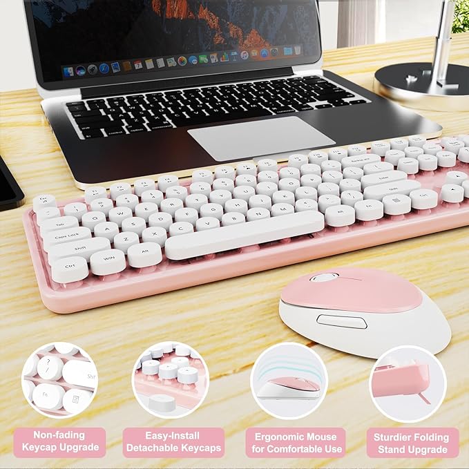 Wireless Keyboard and Mouse Combo, Ergonomic Full Size Typewriter Retro Round Keycaps Keyboard, Compatible with Windows, PC, Perfer for Home and Office Keyboards (Lovely Pink)