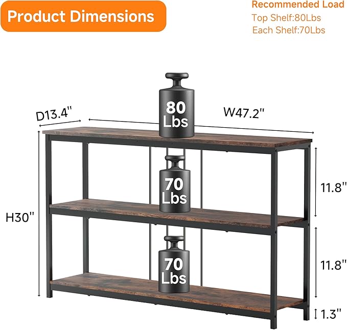 INHABIT UNION Sofa Console Table, Farmhouse Long Entryway Table with Storage and Shelf 3Tier Sofa Table Behind Couch for Living Room,Foyer 47inch,Rustic Brown