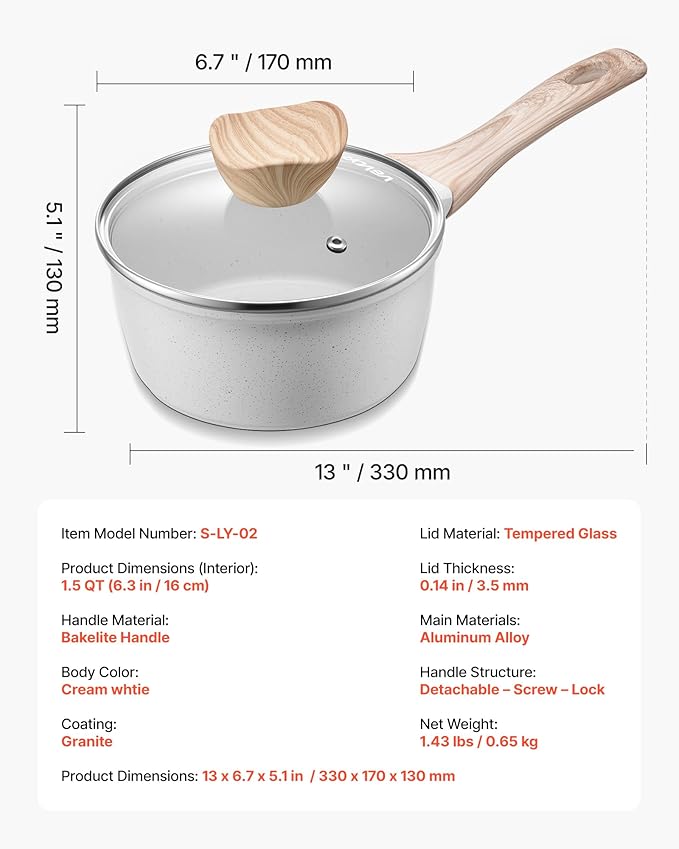 VEVOR 1.5 QT Saucepan, Nonstick Saucepan with Tempered Glass Lid, Multipurpose Cooking Sauce Pot with Detachable Handle, Sauce Pan Small Kitchen Cooking Pot with Coating, Induction Compatible, White