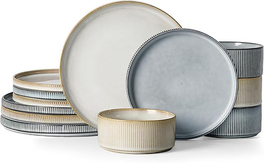 Famiware Star Dinnerware Set, Plates and Bowls Sets for 4 (12pcs), Ribbed Stoneware Dishes - Chip & Scratch Resistant, Microwave & Dishwasher Safe, Multicolor - Cappuccino White & Smoky Blue