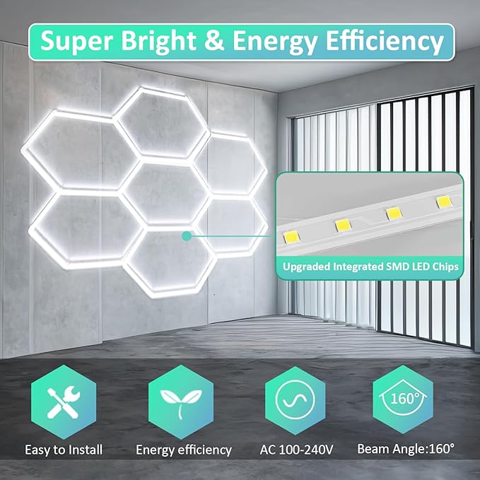 Hexagon Lights: High Brightness 240W, 26,960 LM, 6500K Hexagon Garage Lights, Hexagon LED Lights 7 Grid for Garage, Shopping Mall, Workshop and Car Detailing Shop etc