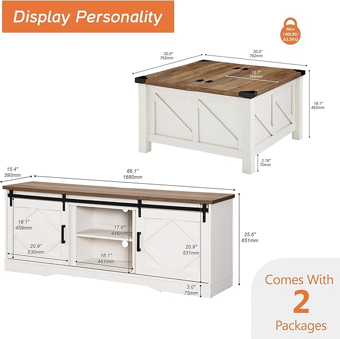 WAMPAT Farmhouse 75 in TV Stand and Coffee Table Set, Entertainment Center for TVs Up to 75", 30" Square Wood Center Table with Gas Spring Flip-Top for Living Room,Antique White