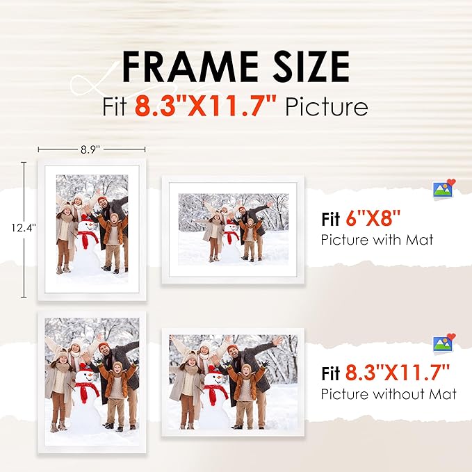 FIXSMITH A4 Picture Frame Set of 2, White Photo Frame with HD Plexiglass, Display Pictures 6x8 with Mat or 8.3x11.7 Without Mat Multi Picture Frames Collage for Tabletop or Wall Display