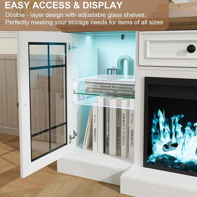 Fireplace TV Stand Up to 80" TVs, 70'' Modern Entertainment Center with 36" Electric Fireplace & LED Lights, Farmhouse Media Console with Storage Cabinet & Drawer for Living Room, Antique White