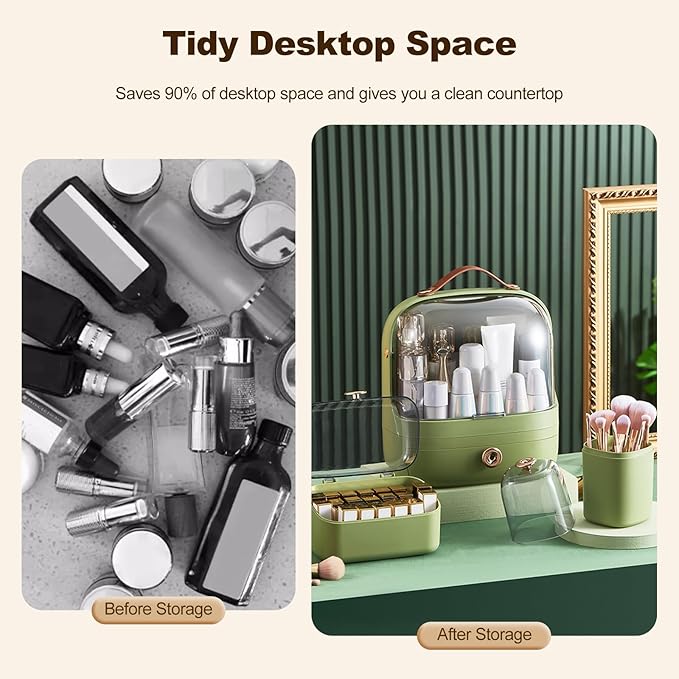 Ergocar Make Up Case Dustproof Cosmetics Skin Care Products Cosmetic Storage Box, Multi-Function Jewelry Organizer Case - Green + Brush Holder