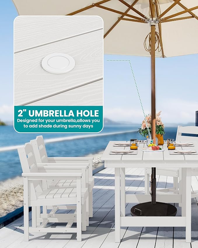 SERWALL 8-Piece Patio Dining Sets with 15FT Double Side Patio Umbrella, Outdoor HDPE Dining Furniture Set with Umbrella Hole Cut-Out Table and 6 Chairs, White（Umbreall Base not Included）