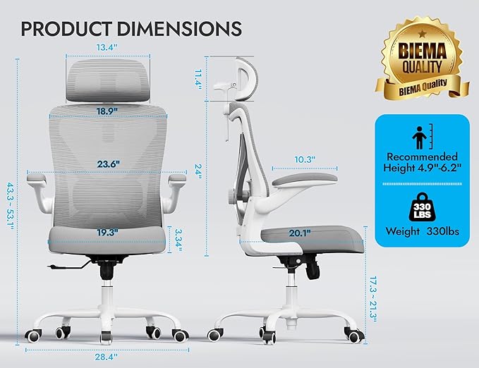 Ergonomic Office Chair - Computer Desk Chairs Comfy, Mesh High-Back Gaming Chair with Adjustable Lumbar Support, Executive Task Chair for Adults, Comfortable for Long Hours (Grey Silver)