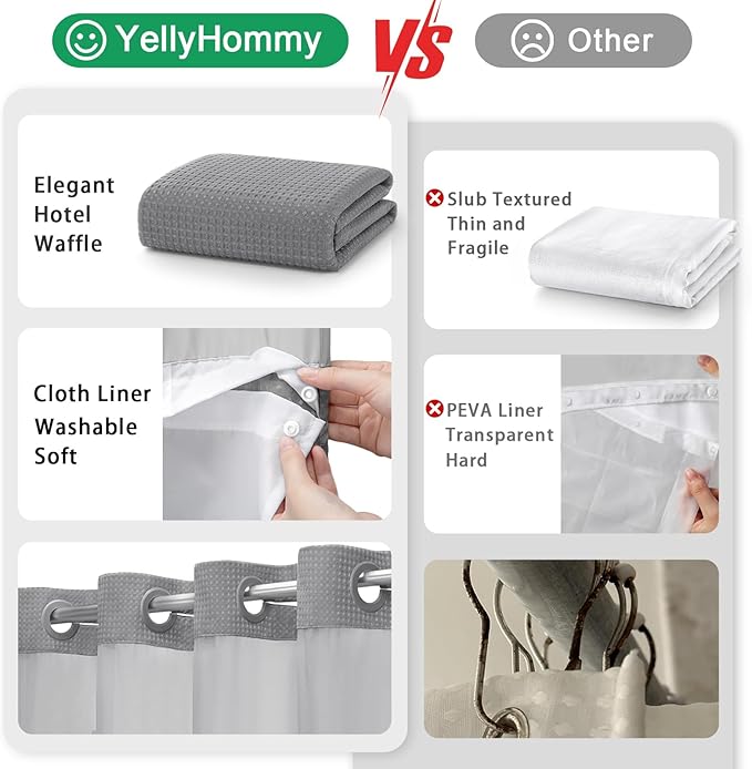 YellyHommy Stall No Hook Shower Curtain with Snap in Liner Set Less Time Grey Waffle Shower Curtain for Bathroom 75" L x 36" W