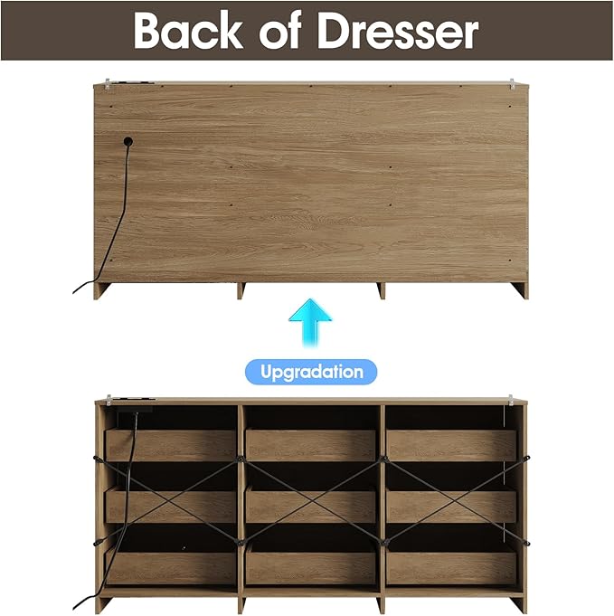 Fameill Dresser for Bedroom, 9 Drawer Wide Dresser Organizer with Charging Station, Tall Dresser for Hallway, Wood Dresser with Metal Handles, Oak