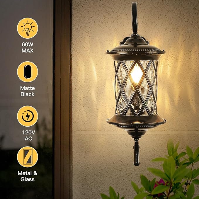 Retro Large Outdoor Wall Lanterns 24" Exterior Light Fixtures Coach Light Waterproof Aluminium with Water Glass Outside Wall Lamps for House Front Door Garage Porch Lighting, Black