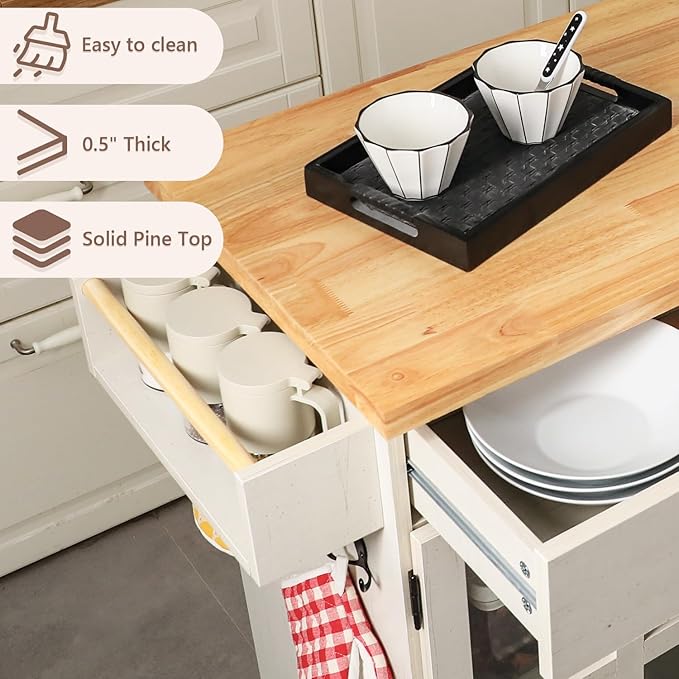 Rolling Kitchen Island with Storage on Wheels, 37.4" Island Table for Kitchen, with 2 Drawers, Adjustable Shelves, Towel & Spice Racks, Solid Pine Top - Warm Beige
