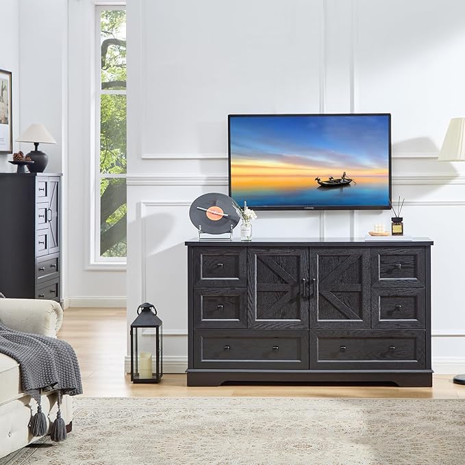 SOOWERY Dresser for Bedroom, Farmhouse Dresser with 6 Wooden Drawers and Storage Cabinet, 55 Inches Tall Chest of Drawers for Bedroom, Living Room, Hallway, Black