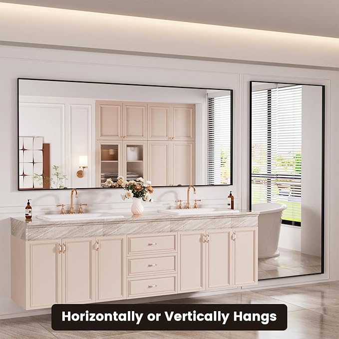 Bathroom Mirror Black,72x32 Inch Large Matte Black Bathroom Vanity Mirror,Rectangle, Square Corner, Anti-Rust,Shatter-Proof, Bedroom, Living Room, Entryway, Wall-Mounted(Horizontal/Vertical)