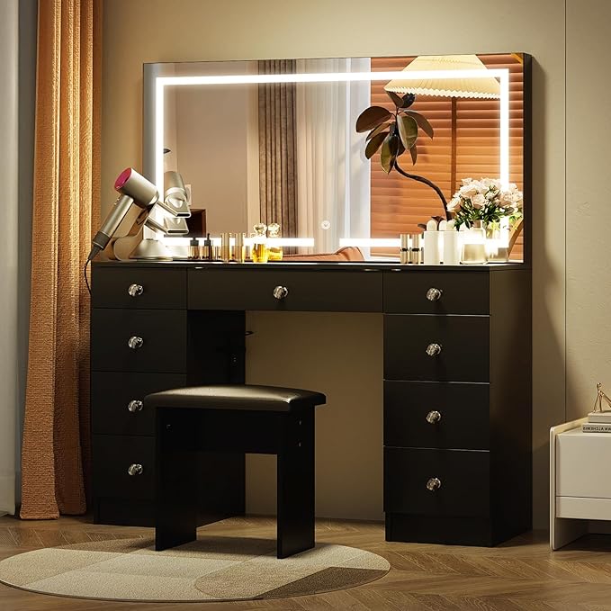 VOWNER Vanity with Lighted Mirror - 47" Glass Top Makeup Vanity Desk with 9 Drawers and Power Outlet, 3 Color Lighting Modes Adjustable Brightness, Makeup Desk with Cushioned Stool for Bedroom, Black