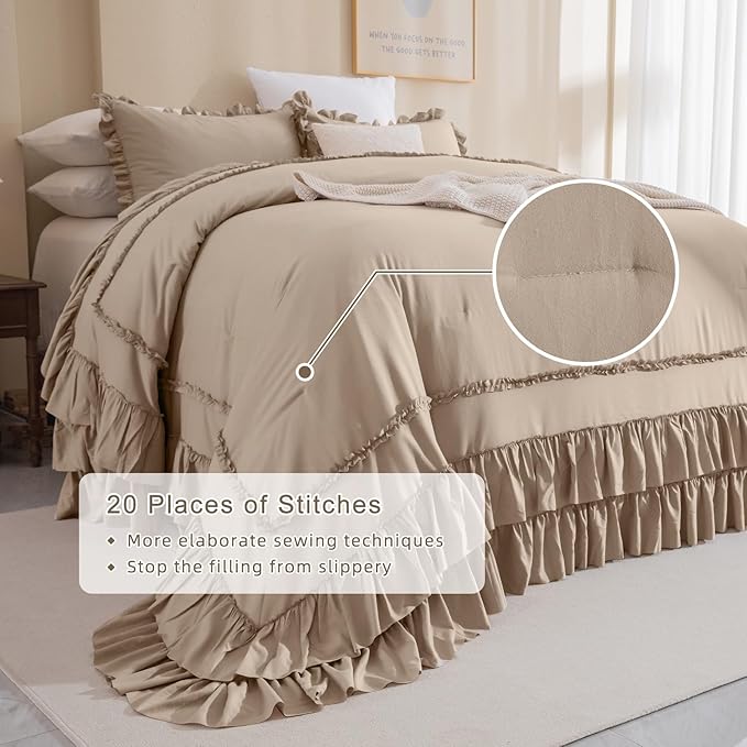 QSH 3PCs Taupe Oversized California King Ruffled Bed Comforter Set 128x120, Farmhouse Vintage Chic Comforter French Country Shabby Comforter Soft Microfiber Fluffy Bedding Set