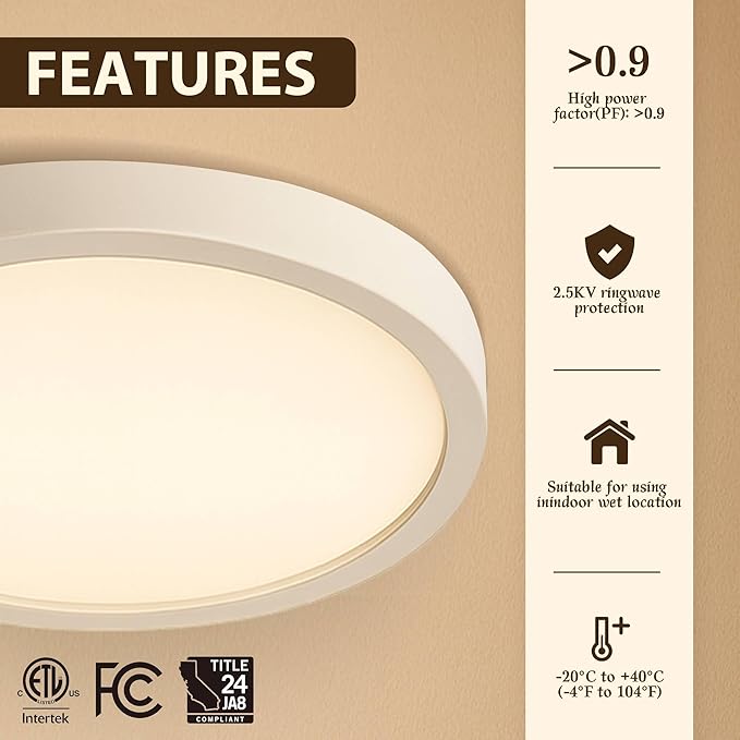 12 Inch Flush Mount Ceiling Light Fixture, 5CCT Adjustable LED Ceiling Light, Flicker-Free, Bedroom Ceiling Light, Dimmable Close to Ceiling Light – Ultra Thin,CRI90 – 2 Pack with Black Color Ring