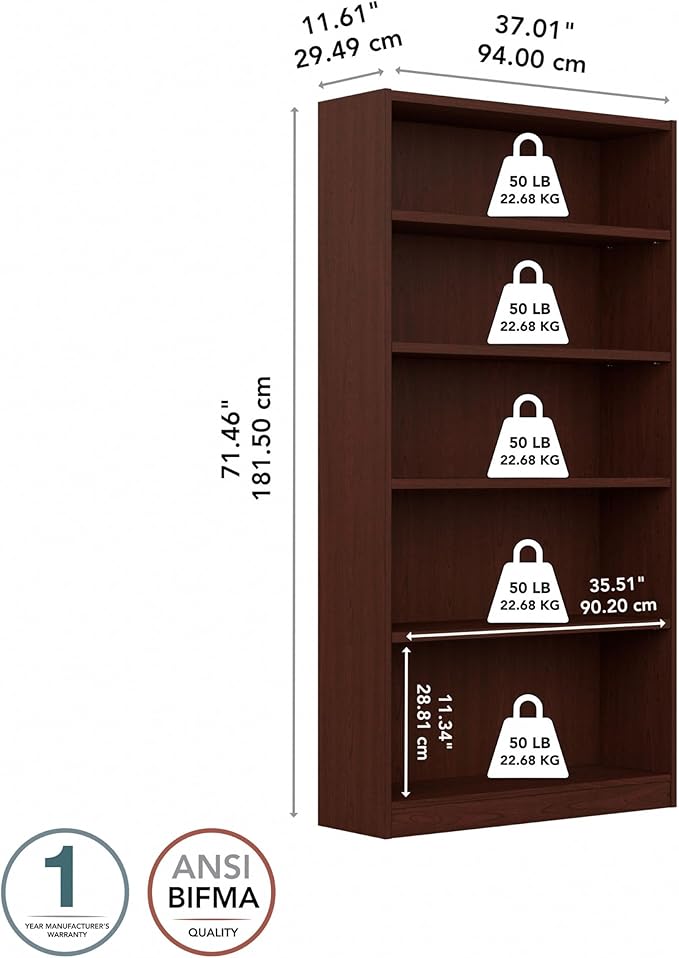 Bush Furniture Universal Tall 5 Shelf Bookcase in Vogue Cherry, Vertical Storage and Display Bookshelf for Home Office or Living Room Organization