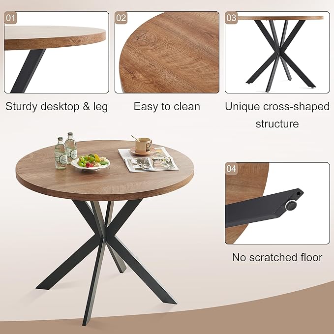 5-Piece Round Dining Table Set - Kitchen Table Chairs Set of 4 with Grey Velvet Upholstered Chairs -Dining Table Set for 4