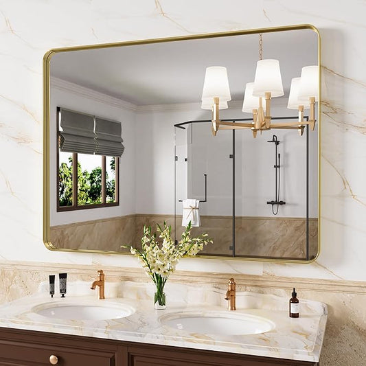 Gold Bathroom Mirror, 48x32 Inch Brushed Gold Metal Frame Mirror for Wall, Rounded Rectangle Bathroom Vanity Mirror, Tempered Glass, Anti-Rust, Horizontal/Vertical