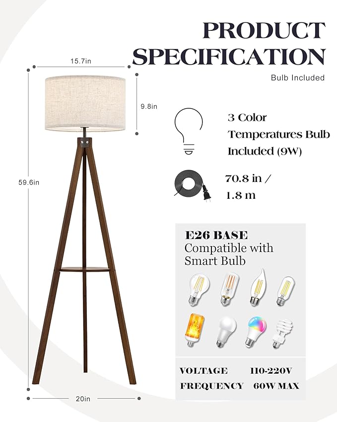 ELYONA Wood Tripod Floor Lamp with Table, Shelf Standing Light with 3 Color Temperatures LED Bulb, Mid Century Modern Wooden Tall Floor Lamp with Linen Shade for Living Room Bedroom Office,Dark Brown