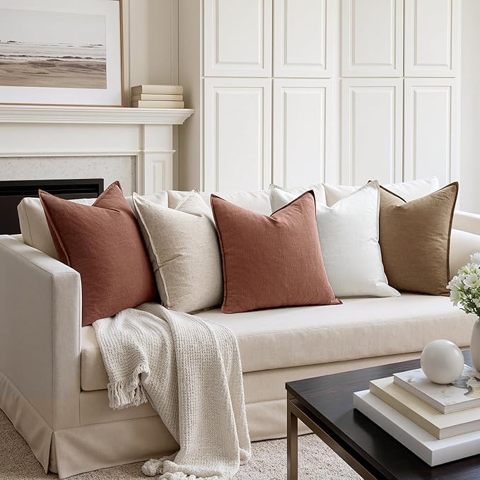 MIULEE Fall Decorative Linen Pillow Covers 20x20 Inch Rust Red Boho Farmhouse Neutral Couch Throw Pillows for Bed Pack of 2 Accent Modern Pillowcase Sofa Livingroom Home Decor