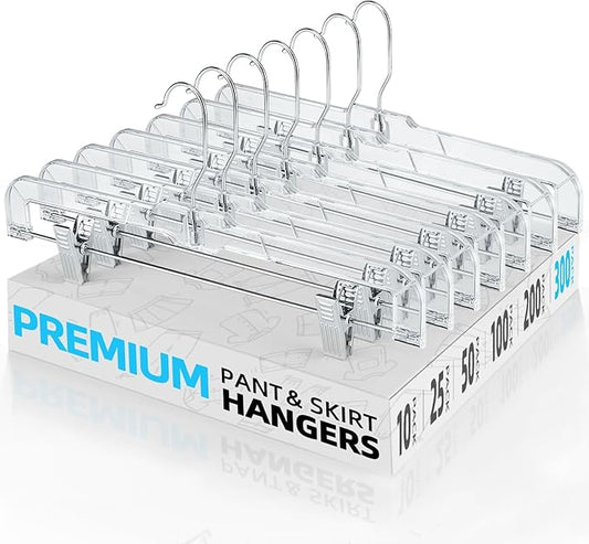 HOUSE DAY Clear Pants Hangers with Clips 300 Pack, Non-Slip Plastic Skirt Hanger with Adjustable Clips, Slim Clip Hangers for Pants, Skirts, Shorts, 14" Clear Hanger, 360-Rotating Swivel Hook
