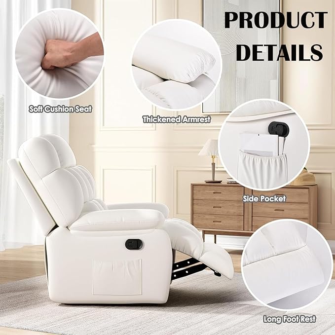 Recliner Chair, Leather Adjustable Recliner with Side Pockets, Living Room Power Reclining Lounge Chair for Adults, Small Spaces Comfy Sofa with Theater Seating for Bedroom, White