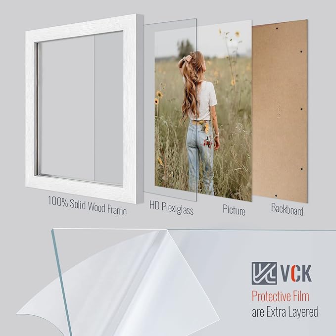 VCK 8x10 Poster Frame White - 2 pack, Solid Wood Picture Frames with Polished Plexiglass, Wall Hanging