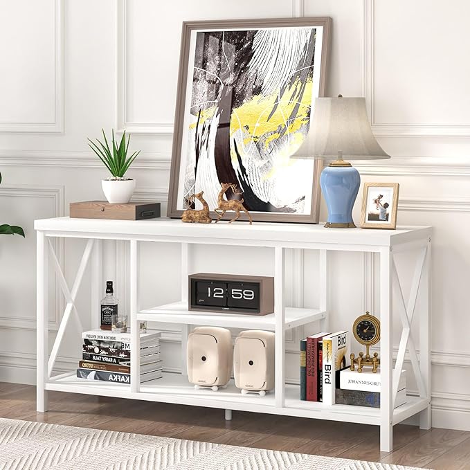 EXCEFUR Modern White TV Stand with Storage Shelves, Entertainment Center for TV up to 55 inch, Media TV Console Table and TV Cabinet for Living Room Bedroom, 47 Inch