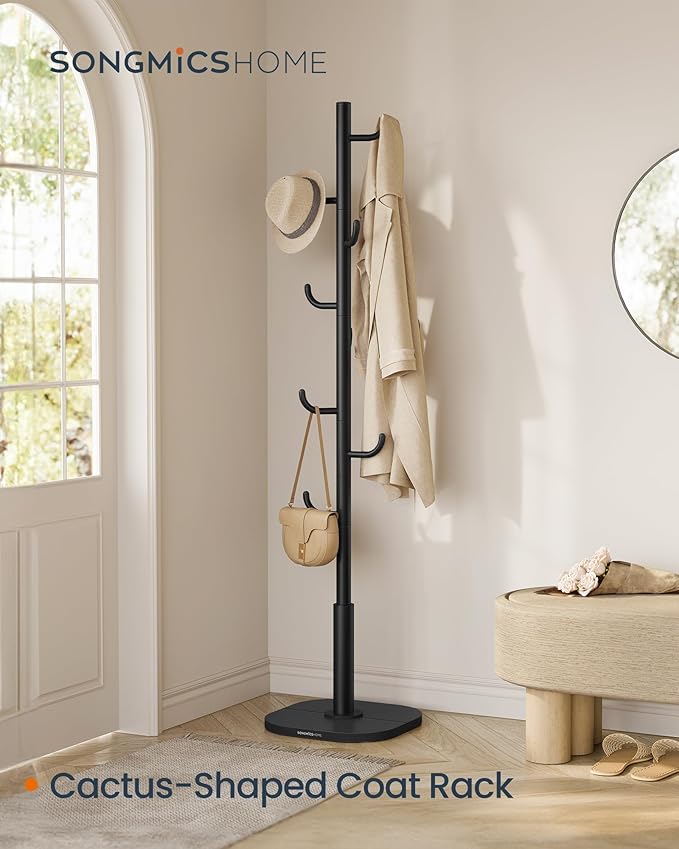 SONGMICS HOME Cactus-Shaped Coat Rack, Freestanding, Stand with 8 Sturdy Hooks, with Curved Ends, 69 Inches Tall, for Clothes, Hats, Bags, Ink Black URCR039B01