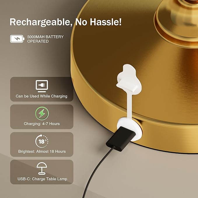 Mushroom Lamp Table Lamp Waterproof,Desk Cordless Battery Operated Lamps for Bedroom,Outdoor Cordless Rechargeable Bedside Lamps for Night Stands,5000mAh LED Night Light for Living Room(Gold)