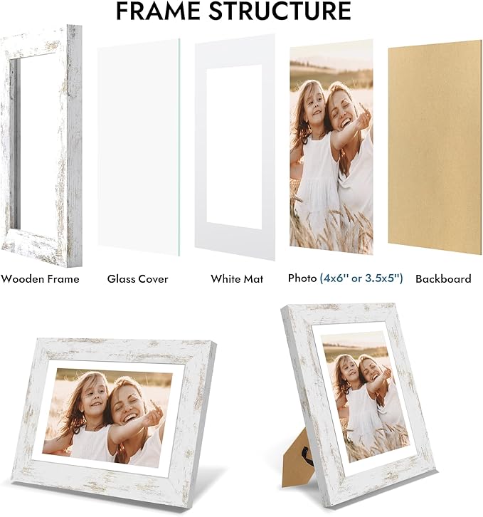 4x6 Picture Frame with Glass, Display Pictures 3.5x5 with Mat or 4 x 6 without Mat - Wall and Tabletop, 4 by 6 Photo Wooden Frames (Distressed White, 1 Pack)