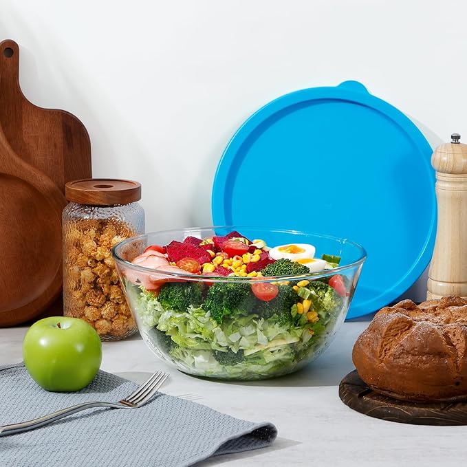 NUTRIUPS 4.7 Quart Large Glass Mixing Bowl with Lid, Deep Big Glass Bowl Large Salad Bowl (Blue)
