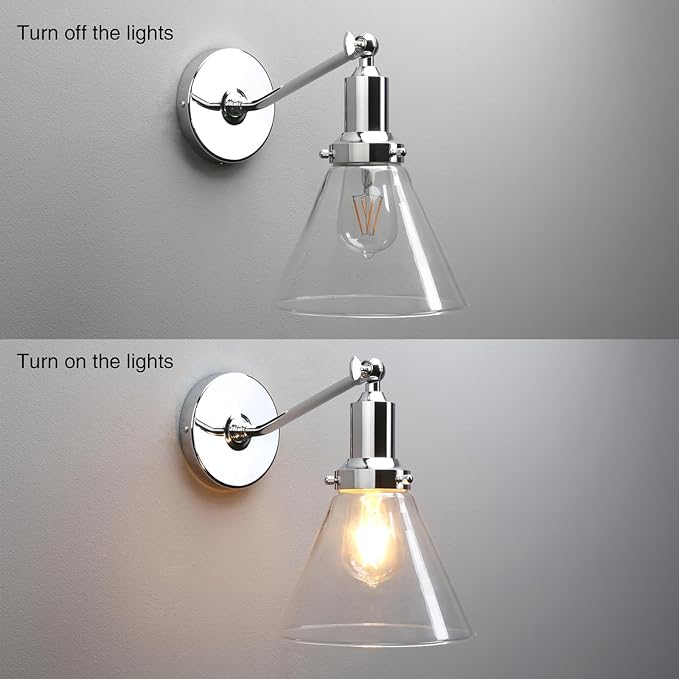 PERMO Industrial Vintage Slope Pole Wall Mount Single Sconce with Funnel Flared Clear Glass Shade Wall Sconce Light Lamp Fixtures (Chrome)