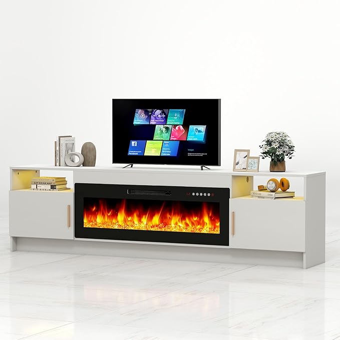 Ludatido 80 Inch TV Stand with 42 inch Electric Fireplace 27 Inch high LED Light Entertainment Center with 3 Open Storage compartments for TVs Up to 90" Black