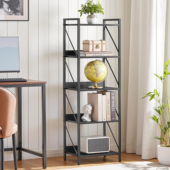 HOOBRO Bookshelf, 5-Tier Industrial Bookcase, Book Shelf Storage Organizer, Tall Bookshelf with Metal Frame for Living Room, Bedroom, Home Office, Kitchen, Black BB73SJ01