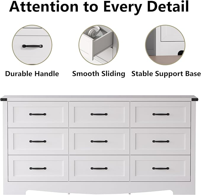 White Dresser for Bedroom, 59'' Wide Wooden Chest of Drawers with Natural Wood Texture, 9 Drawer Dresser for Closet with Metal Handles, Sleek Storage Solution for Living Room, Office, Hallway