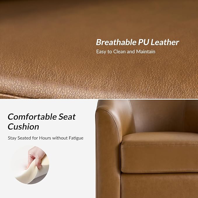HULALA HOME Faux Leather Swivel Accent Chair with Solid Wood Base, Round Swivel Barrel Chair for Living Room and Bedroom, Camel