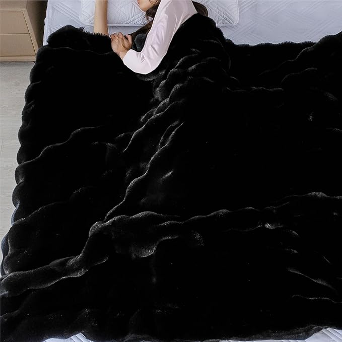 Fluffy Furry Black Faux Fur Throw Blanket for Couch Bed 50x60 Fuzzy Bubble Soft Blanket for Adults Gift Home Living Room Decorative Decor 860 GSM