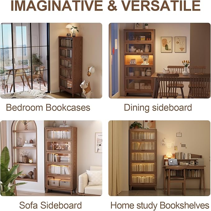 AQIMUELE 5 Tier Wood Bookcase Cabinet with Glass Doors 72 inch, Display Bookshelf,Kitchen Pantry Display Cabinet, Brown Finish Cube Storage Organizer Stand,Save Space for Home Office(No Light Strip)