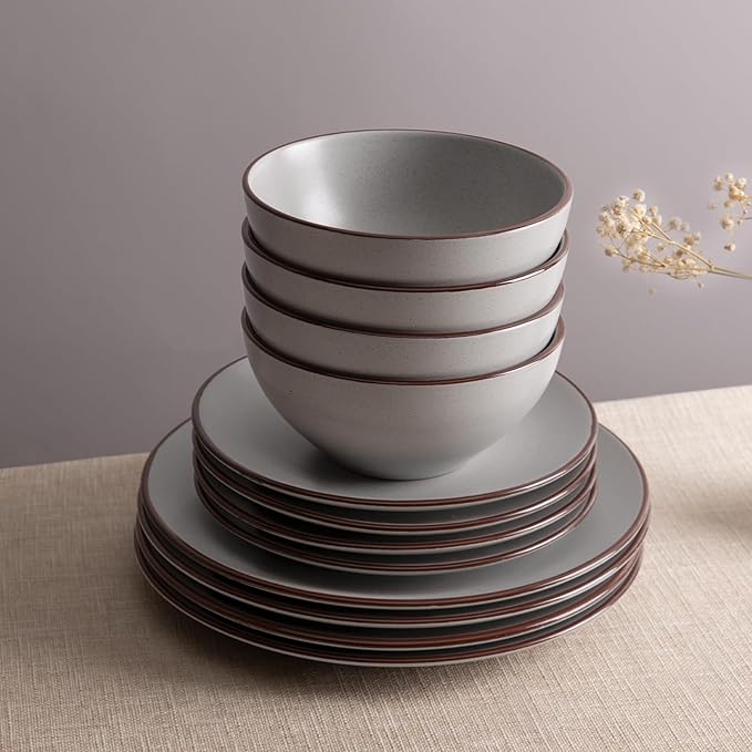 Famiware Venus Ceramic Plates and Bowls Sets, Speckled Dinnerware Dish Sets for 8 (24 Pieces) - Microwave and Dishwasher Safe, Matte Light Grey