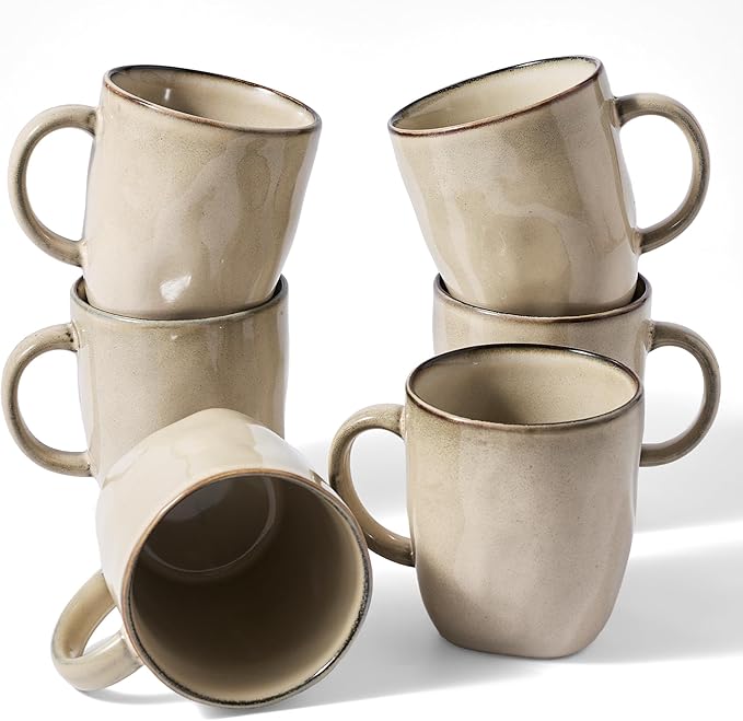 famiware Coffee Mugs Set of 6, Ocean Square 13oz Coffee Cup Set with Handle for Cocoa, Milk, Hot Chocolate, Tea, Water, Stoneware Cups for Kitchen, Microwave and Dishwasher Safe, Light khaki
