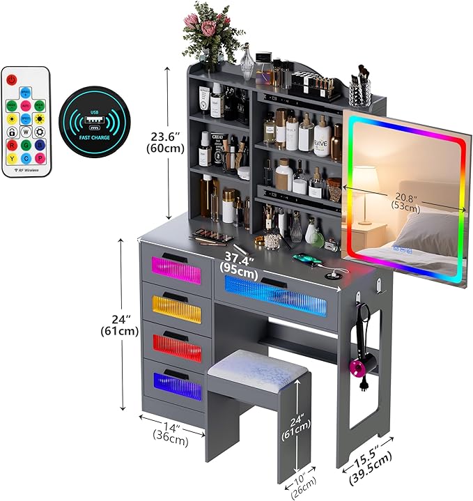 LED Vanity with Sliding Mirror, Smart Makeup Table with 5 Drawers 6 Shelves, Make Up Vanity Desk with Charging Station 14 Color Lighting Modes, Cushioned Stool, USB Type-C for Bedroom Gray