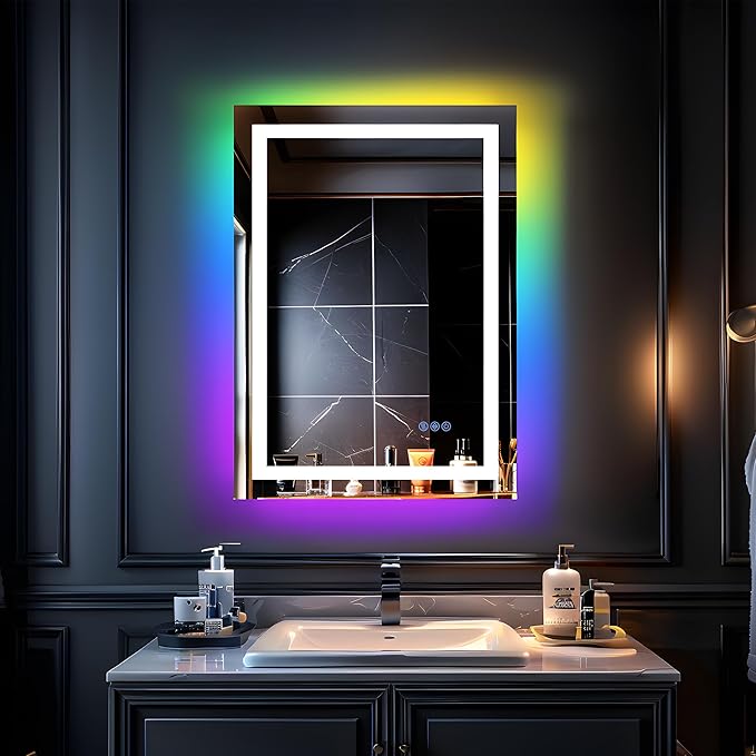 Antok 28"x 20" LED Bathroom Mirror with Lights, Anti-Fog, Dimmable, Lighted Vanity Mirror with Tempered Glass, Memory Function, 11 Light Modes, Safe Use, Horizontal, Vertical