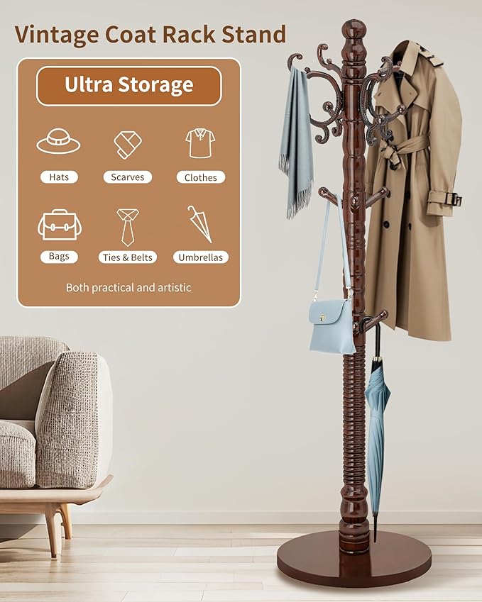 EZIVIEZ Wooden Coat Rack Stand, Solid Wood Freestanding Coat Rack, Vintage Coat Racks with 14 Hooks & Disc Base, Standing Coat Hanger Jacket Tree Stand for Office, Entryway, Hallway