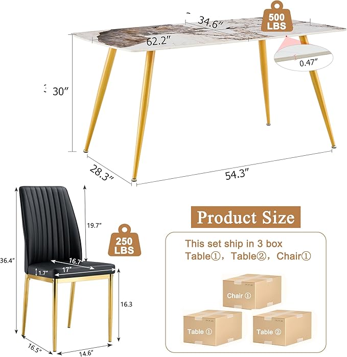62" Marble Dining Room Table Set for 4 Rectangle Modern Dinner Table with Sintered Stone Top Golden Metal Legs for Kitchen Dining Room (62" Golden+4Black Chairs)