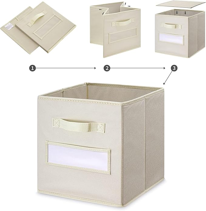 artsdi 13x13x13 storage cube bins (Set of 10) Fabric storage cubes with 10 Labels Window Cards & a Pen, storage cubes 13x13, Collapsible 13 inch cube storage bins, Cubby Organizer Boxes, Beige