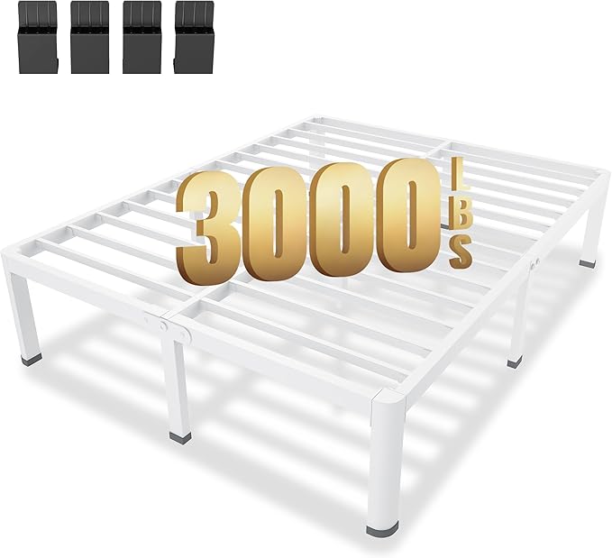 MAF 14 Inch Queen Metal Platform Bed Frame White with Round Corner Legs, 3000 LBS Heavy Duty Steel Slats Support, Noise Free, No Box Spring Needed, Easy Assembly