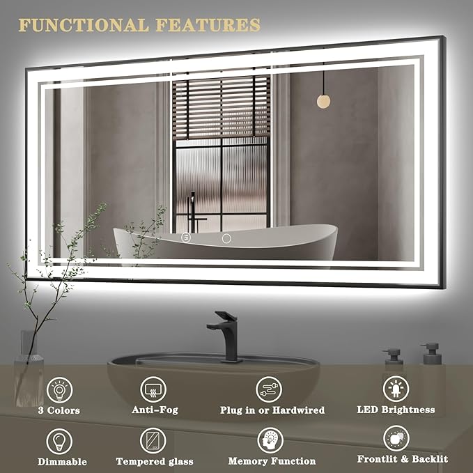 72" x 36" LED Bathroom Mirror with Lights Framed LED Mirror for Bathroom Backlit and Front Lighted Bathroom Mirror Black Square Aluminum Frame Anti-Fog Dimmable Adjustable Shatter-Proof