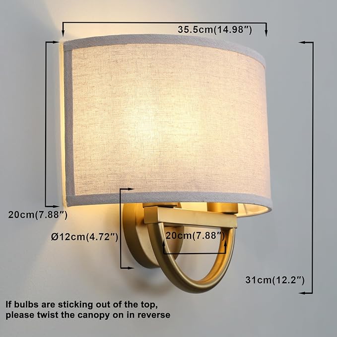 Yosoan Linen Fabric Cloth Boho Aged Brass Gold Wall Sconce Stairwell Fixture Light, 2-Light Dual Indoor Hardwired Vanity Vintage Wall Mount Lamp Antique Metal Base Semicircle Shade Lamp for Hallway